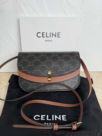 Uubags Celine Duo Wallet On Strap In Triomphe Canvas Calfskin Tan 13x6cm