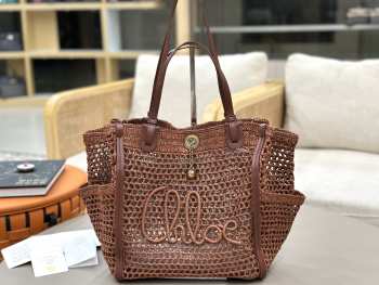 Uubags medium Chloé Iconic double carry bag in raffia dark brown 28x29x15cm