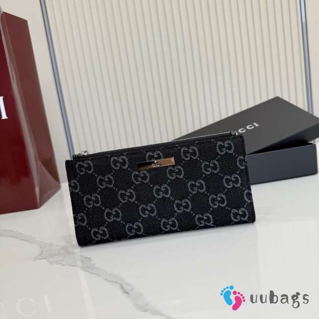 Uubags Gucci Plaque Long Wallet Black Washed GG Denim 19x10x1.5cm - 1