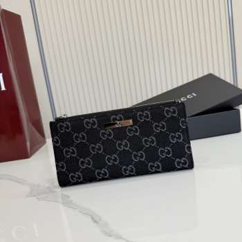 Uubags Gucci Plaque Long Wallet Black Washed GG Denim 19x10x1.5cm