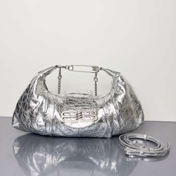 Uubags Balenciaga Pamela Large Bag In Silver Metallized Arena Lambskin, Shiny Silver Hardware 41x8x23cm