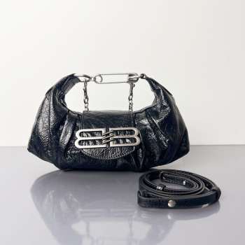 Uubags Balenciaga Pamela Small Bag In Black Arena Lambskin, Shiny Silver Hardware 28x5x16cm