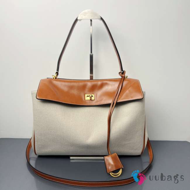 Uubags Balenciaga Rodeo handbag medium in natural beige linen canvas and tan cowboy lambskin, aged-gold hardware 35x23x11cm - 1