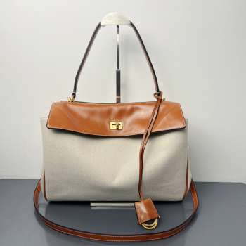 Uubags Balenciaga Rodeo handbag medium in natural beige linen canvas and tan cowboy lambskin, aged-gold hardware 35x23x11cm