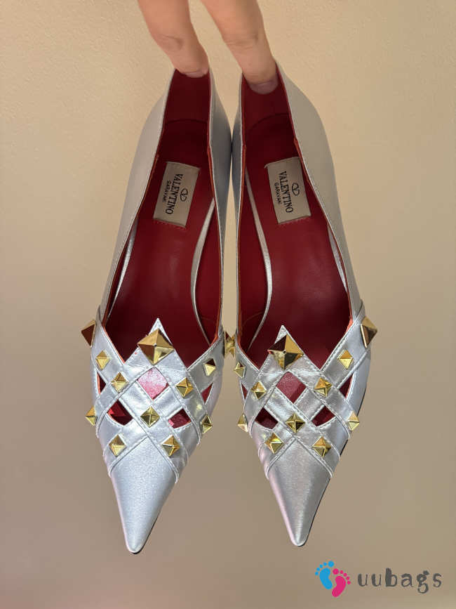 Uubags Valentino Studdy Kidskin Pumps 10cm Laminated Nappa Leather Silver - 1