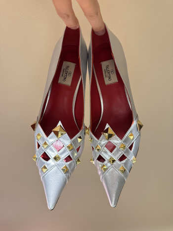 Uubags Valentino Studdy Kidskin Pumps 10cm Laminated Nappa Leather Silver