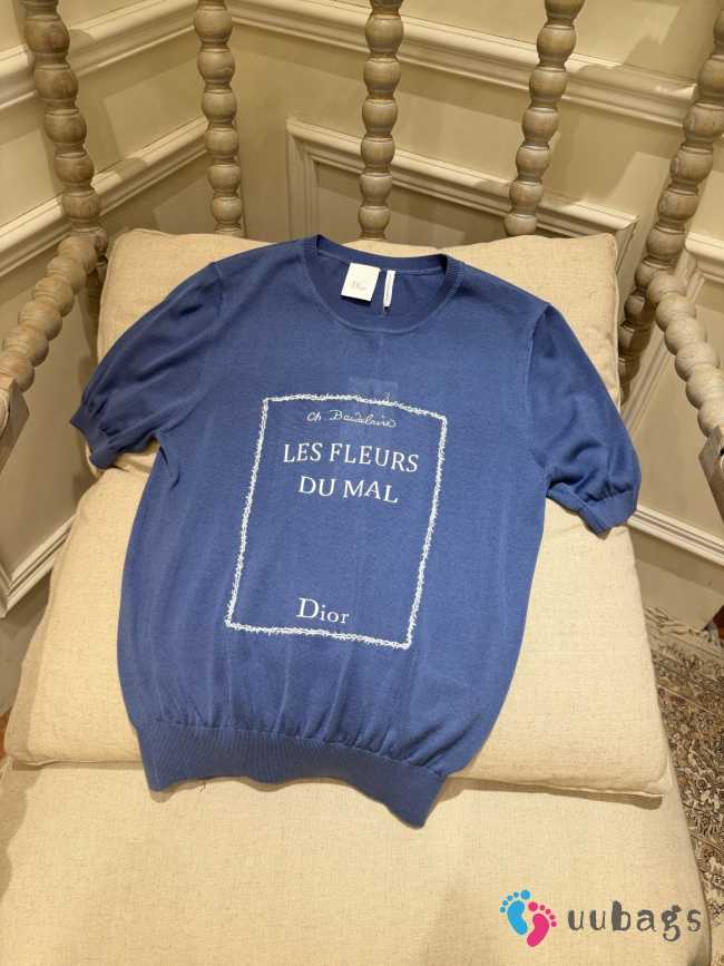 Uubags Dior Book Cover Short-Sleeved Fitted Sweater Blue and White Silk Knit - 1