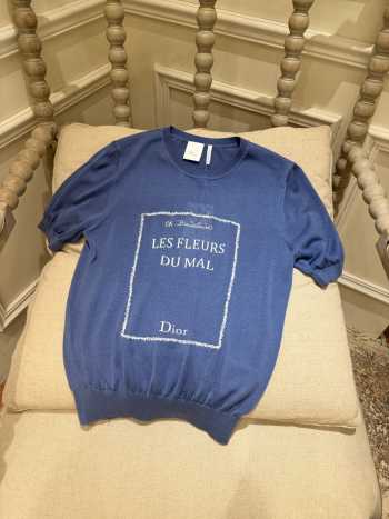 Uubags Dior Book Cover Short-Sleeved Fitted Sweater Blue and White Silk Knit