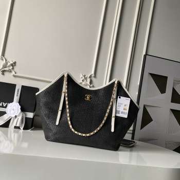 Uubags Chanel Medium Shopping Bag Braided Raffia, Calfskin & Gold-Tone Metal In Black & White 31x47x11cm