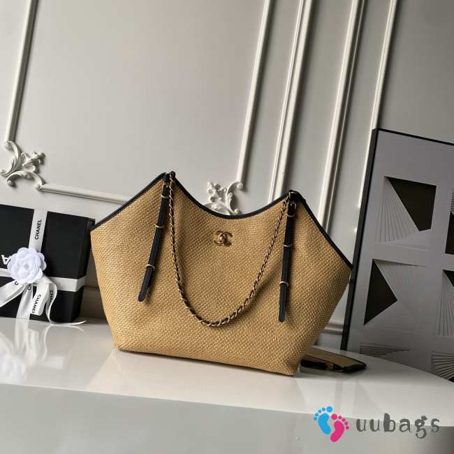 Uubags Chanel Medium Shopping Bag Braided Raffia, Calfskin & Gold-Tone Metal In Black & Beige 31x47x11cm - 1