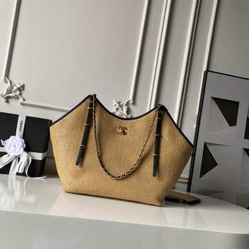 Uubags Chanel Medium Shopping Bag Braided Raffia, Calfskin & Gold-Tone Metal In Black & Beige 31x47x11cm