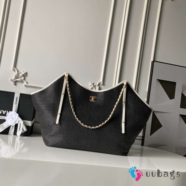 Uubags Chanel Large Shopping Bag Braided Raffia, Calfskin & Gold-Tone Metal In Black & White 36x59x13cm - 1