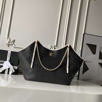 Uubags Chanel Large Shopping Bag Braided Raffia, Calfskin & Gold-Tone Metal In Black & White 36x59x13cm