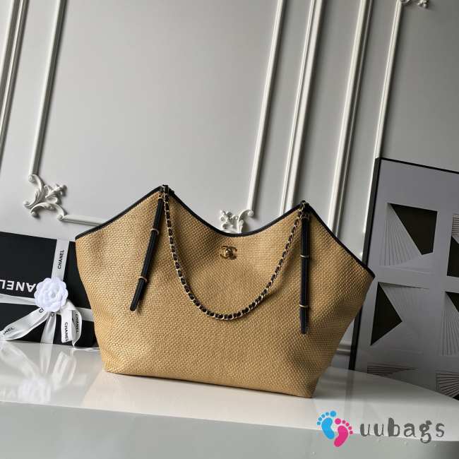 Uubags Chanel Large Shopping Bag Braided Raffia, Calfskin & Gold-Tone Metal In Black & Beige 36x59x13cm - 1