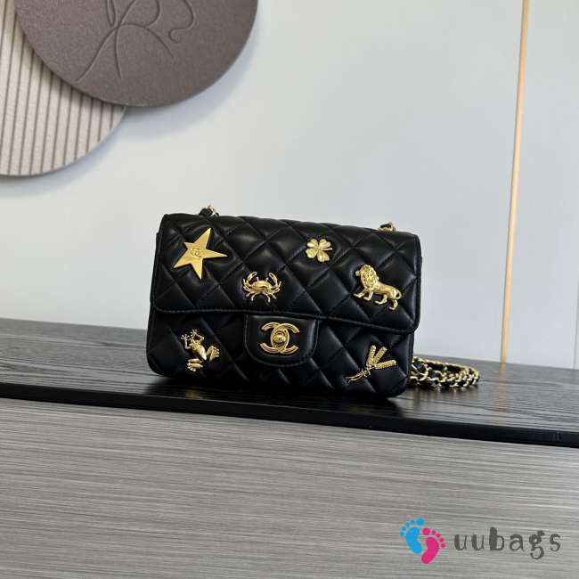 Uubags Chanel Small Quilted Gold Charm Flap Bag In Black Lambskin Leather 20cm - 1