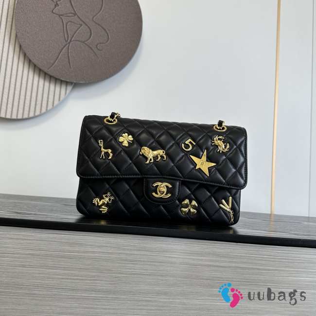 Uubags Chanel Medium Quilted Gold Charm Flap Bag In Black Lambskin Leather 25.5cm - 1