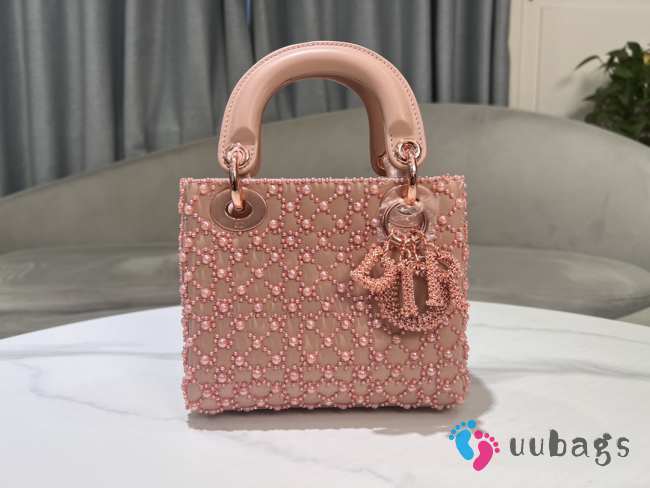 Uubags Small Lady Dior Bag Rose Des Vents Cannage Calfskin Embroidered With Resin Pearls 17x15x7cm - 1