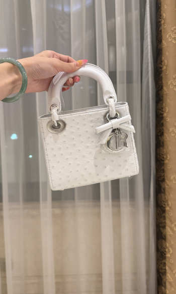 Uubags Dior Mini Lady Bag White Ostrich Leather with Strap 17x15x7cm