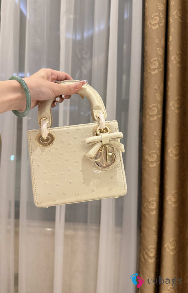 Uubags Dior Mini Lady Bag Light Yellow Ostrich Leather with Strap 17x15x7cm - 1