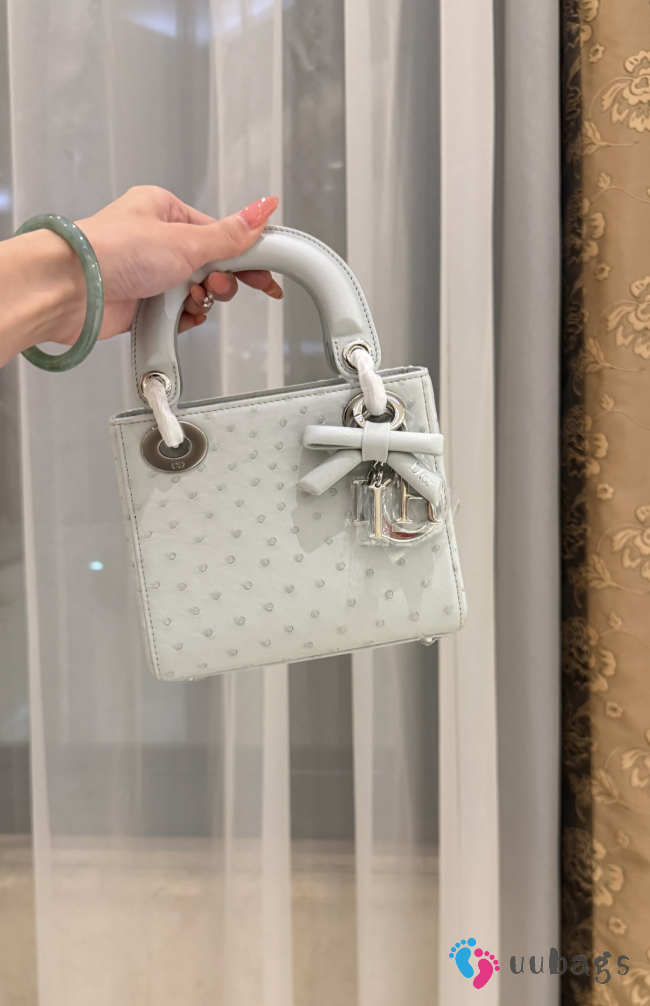 Uubags Dior Mini Lady Bag Light Grey Ostrich Leather with Strap 17x15x7cm - 1