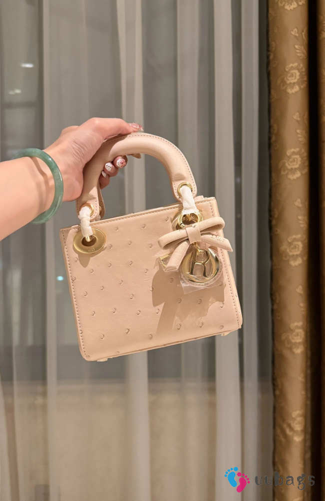 Uubags Dior Mini Lady Bag Powder Beige Ostrich Leather with Strap 17x15x7cm - 1