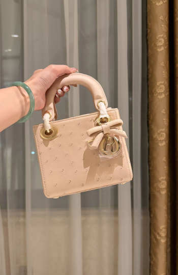 Uubags Dior Mini Lady Bag Powder Beige Ostrich Leather with Strap 17x15x7cm