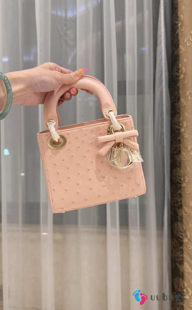 Uubags Dior Mini Lady Bag Light Pink Ostrich Leather with Strap 17x15x7cm - 1