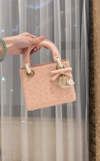 Uubags Dior Mini Lady Bag Light Pink Ostrich Leather with Strap 17x15x7cm