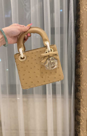 Uubags Dior Mini Lady Bag Camel Beige Ostrich Leather with Strap 17x15x7cm
