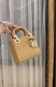 Uubags Dior Mini Lady Bag Camel Beige Ostrich Leather with Strap 17x15x7cm - 3