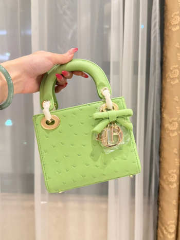Uubags Dior Mini Lady Bag Green Ostrich Leather with Strap 17x15x7cm