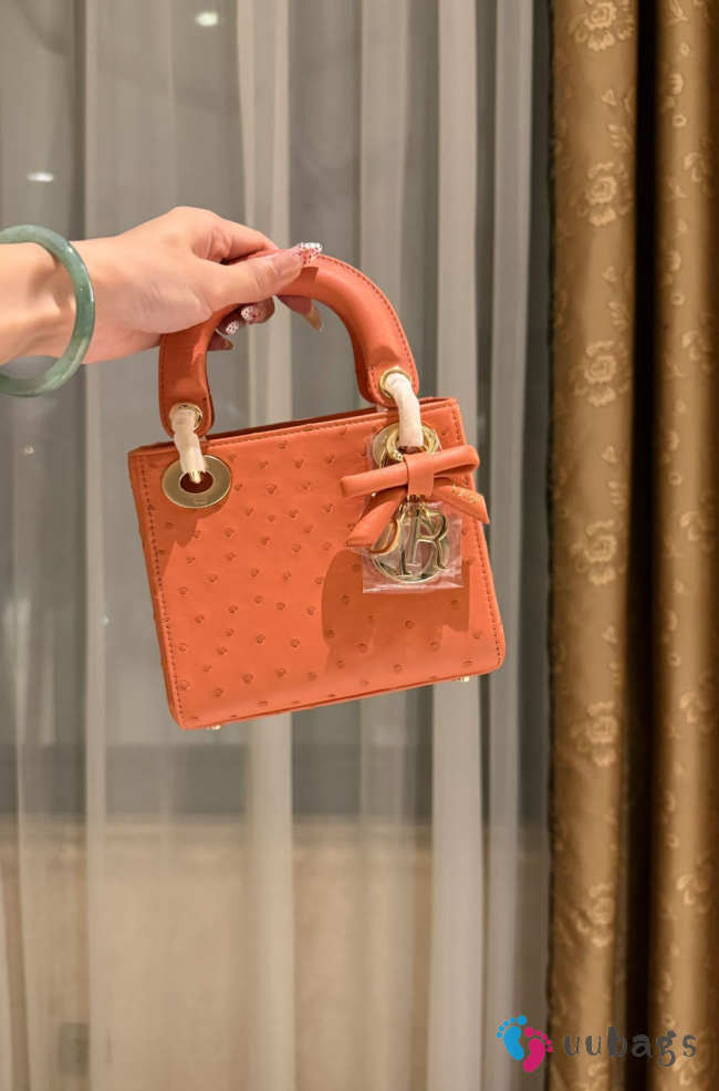 Uubags Dior Mini Lady Bag Orange Ostrich Leather with Strap 17x15x7cm - 1