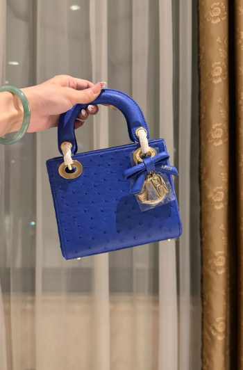 Uubags Dior Mini Lady Bag Blue Ostrich Leather with Strap 17x15x7cm