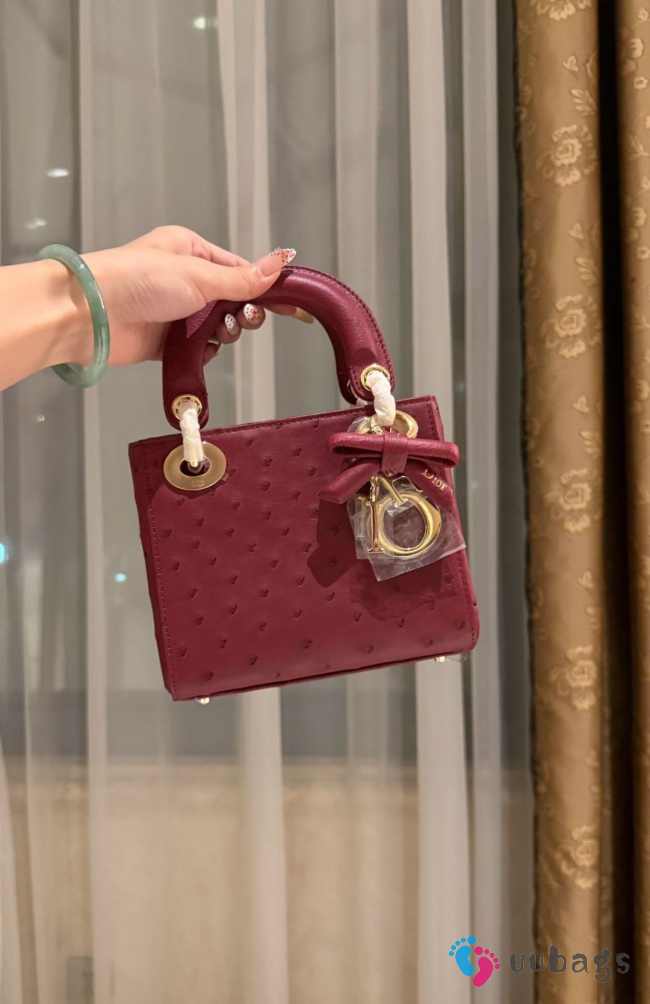 Uubags Dior Mini Lady Bag Burgundy Ostrich Leather with Strap 17x15x7cm - 1