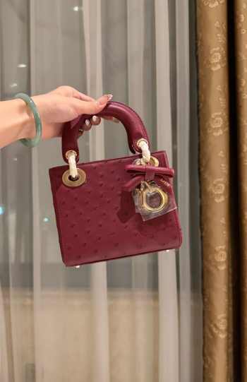 Uubags Dior Mini Lady Bag Burgundy Ostrich Leather with Strap 17x15x7cm