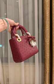 Uubags Dior Mini Lady Bag Burgundy Ostrich Leather with Strap 17x15x7cm - 6