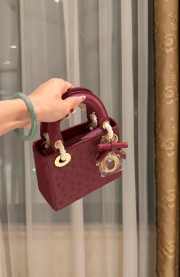 Uubags Dior Mini Lady Bag Burgundy Ostrich Leather with Strap 17x15x7cm - 5