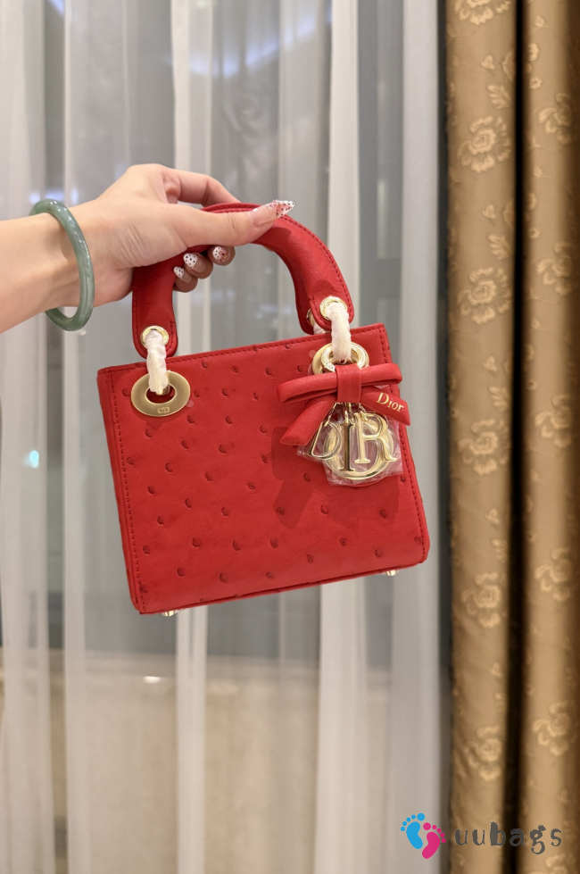 Uubags Dior Mini Lady Bag Red Ostrich Leather with Strap 17x15x7cm - 1