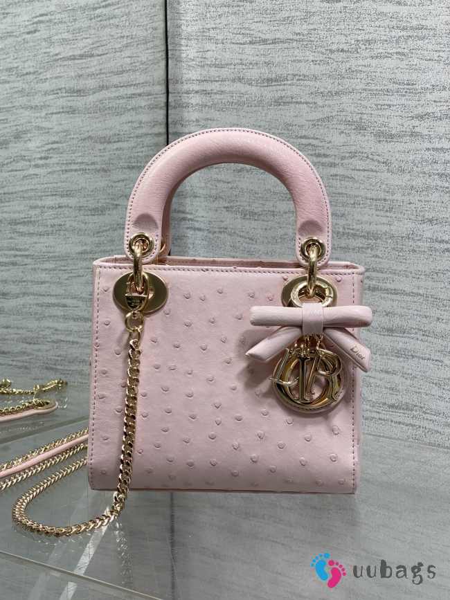 Uubags Dior Mini Lady Bag Pink Ostrich Leather with Strap 17x15x7cm - 1