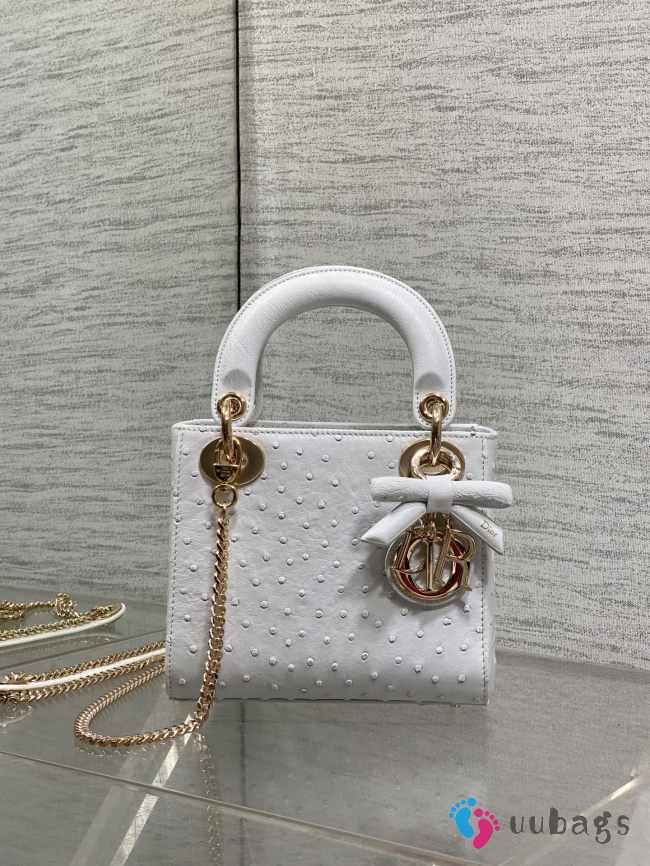 Uubags Dior Mini Lady Bag White Ostrich Leather with Gold Hardware 17x15x7cm - 1