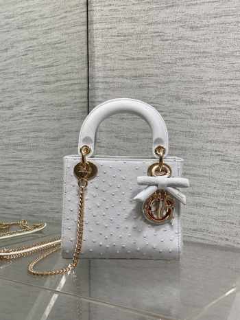 Uubags Dior Mini Lady Bag White Ostrich Leather with Gold Hardware 17x15x7cm