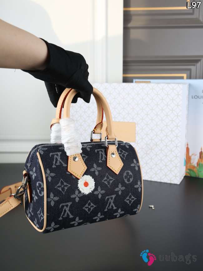 Uubags Louis Vuitton M27557 Speedy 18 Bandoulière Bag Blue Monogram Flowers Denim 18x12x10cm - 1