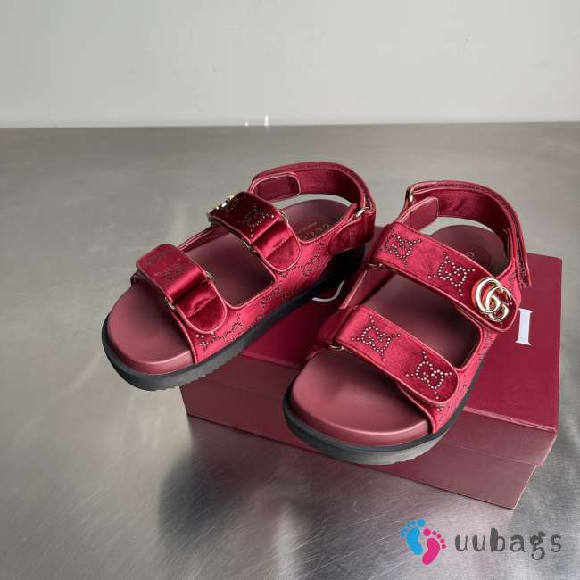 Uubags Gucci Double G Crystal Embellished Sandals In Burgundy - 1