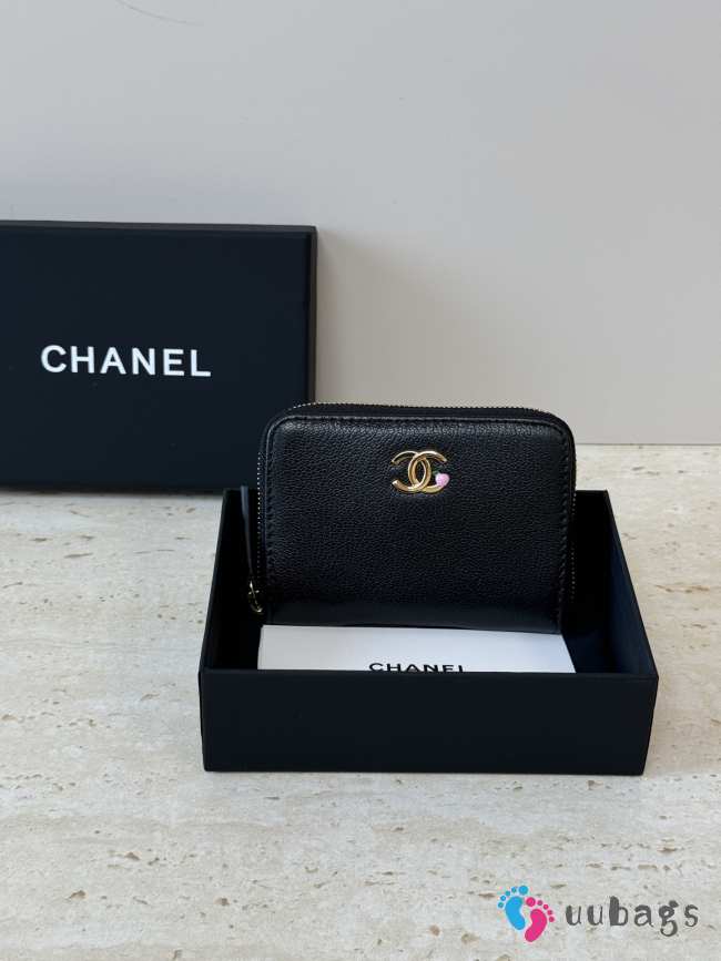 Uubags Chanel Gold CC Logo Pink Enamel Heart Buckle Black Wallet 10.9x7.6cm - 1
