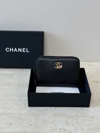 Uubags Chanel Gold CC Logo Pink Enamel Heart Buckle Black Wallet 10.9x7.6cm