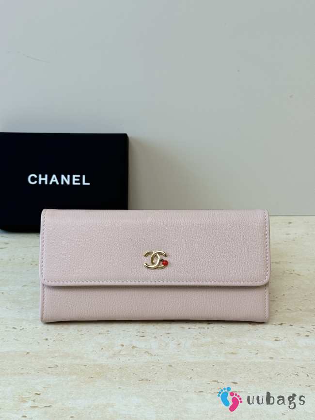 Uubags Chanel wallet grain-effect goatskin, glass enamel & gold-colored metal in pink 19.5x10.5x3.5cm - 1