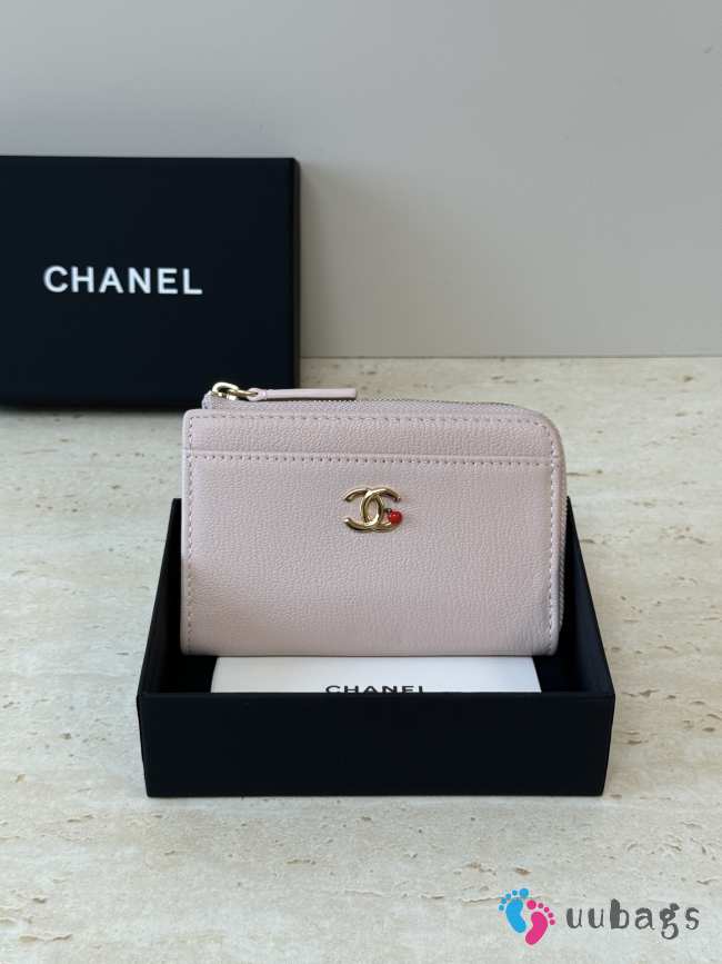 Uubags Chanel classic card holder with zipper closure grain-effect goatskin, glass enamel & gold-colored metal in pink 8.5x13.3x2.9cm - 1