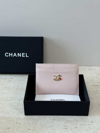 Uubags Chanel card case grained goatskin leather, enamel & gold-colored metal in pink 6.2x10x0.5cm