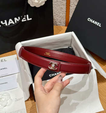 Uubags Chanel Leather Belt In Calfskin & Metal Burgundy & Silver 2.5cm