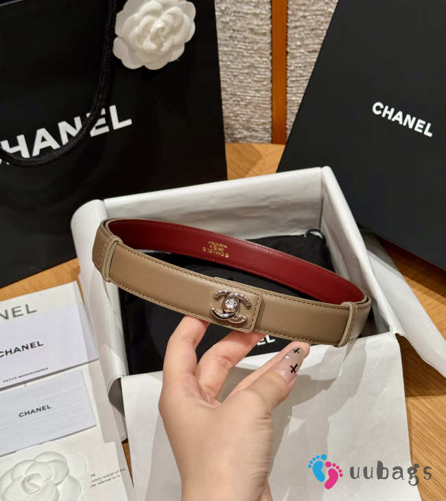 Uubags Chanel Leather Belt In Calfskin & Metal Dark Beige & Silver 2.5cm - 1